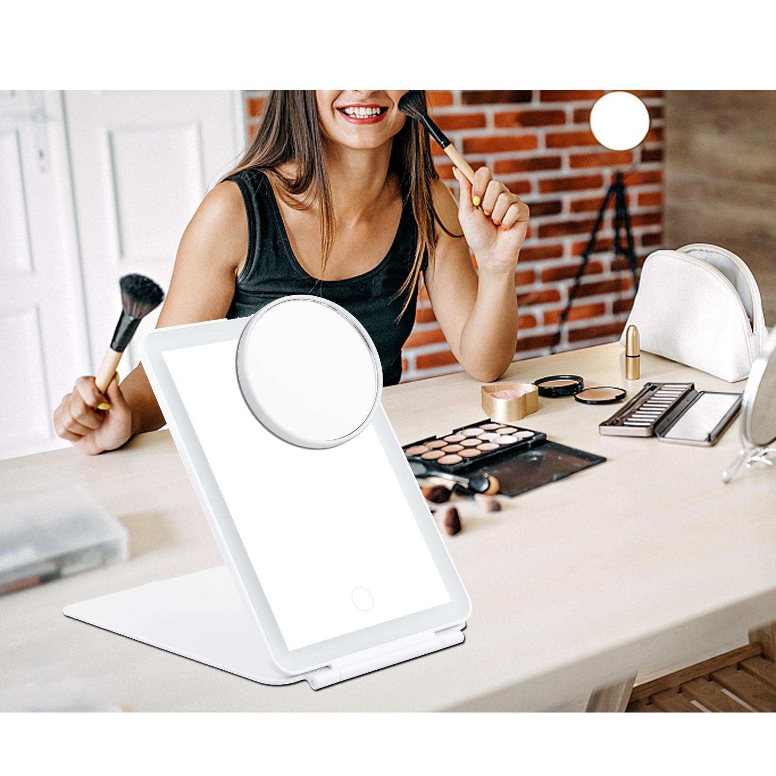 Espejo de mesa plegable con luces LED para maquillaje, espejo de mesa con aumento de 10x, Interruptor táctil, ajustable, portátil, regulable, cosmético para mujeres