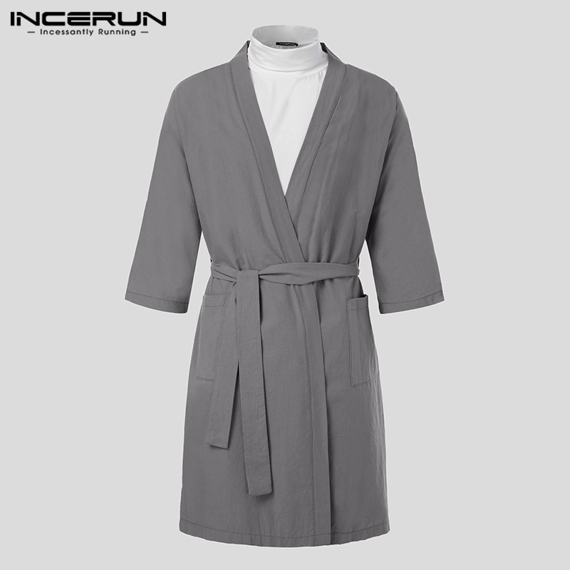 Incerun herre badekåper hjemmeklær bomull lin snøring v-hals 3/4 -ermet vintage kimono badekåper lommer nattøy herre nattkjole: Grå / Xxxl