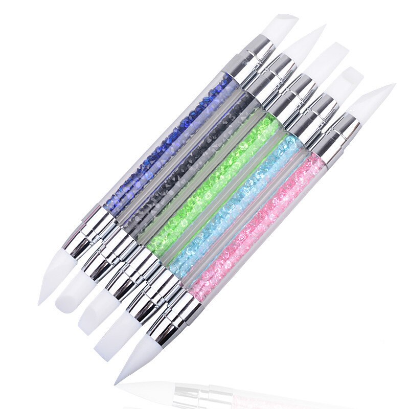 Pincel de cristal con diamantes de imitación para decoración de uñas, pluma de pincel con cabezal de silicona para tallado en relieve, escultura hueca, herramienta de punteado Acrílico