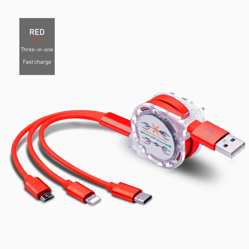 3 in1 2.4A USB Type C Fast Charging Data Cable One For Three Apply To Android Apple Type-C Smartphone 1.2m Nylon Braided Wire: C-RED