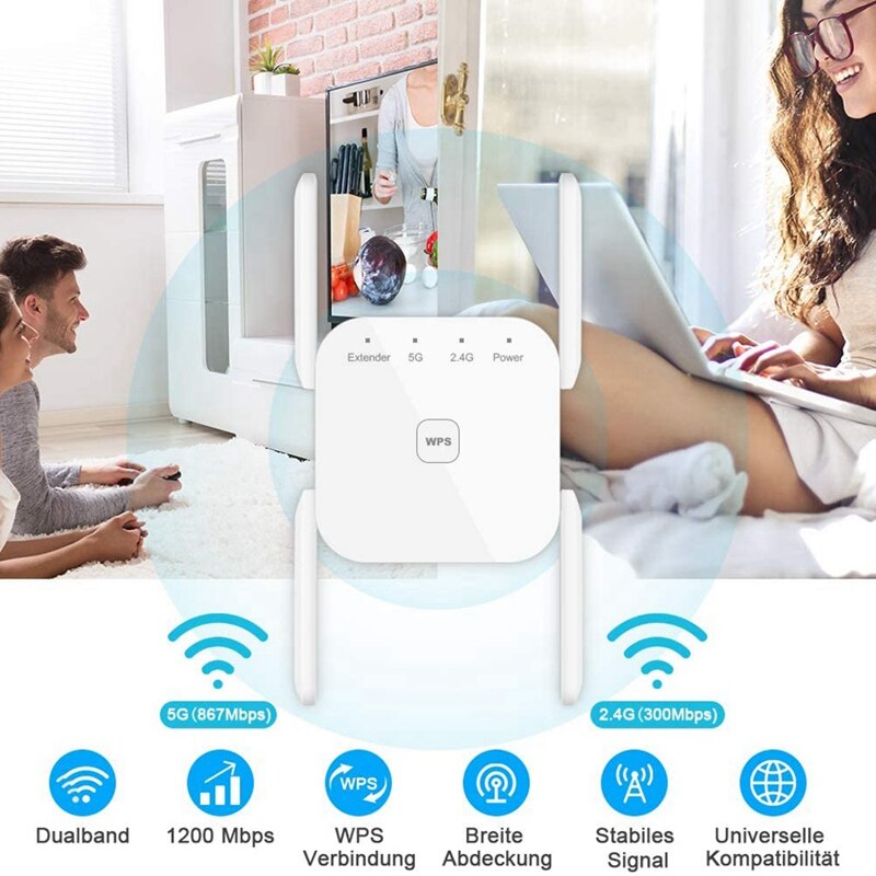 -WiFi Amplifier 1200 Mbit / S WiFi Repeater 867 Mbit / S / 5 GHz 300 Mbit / S (2.4 GHz) Dual Band WPS Wireless EU Plug