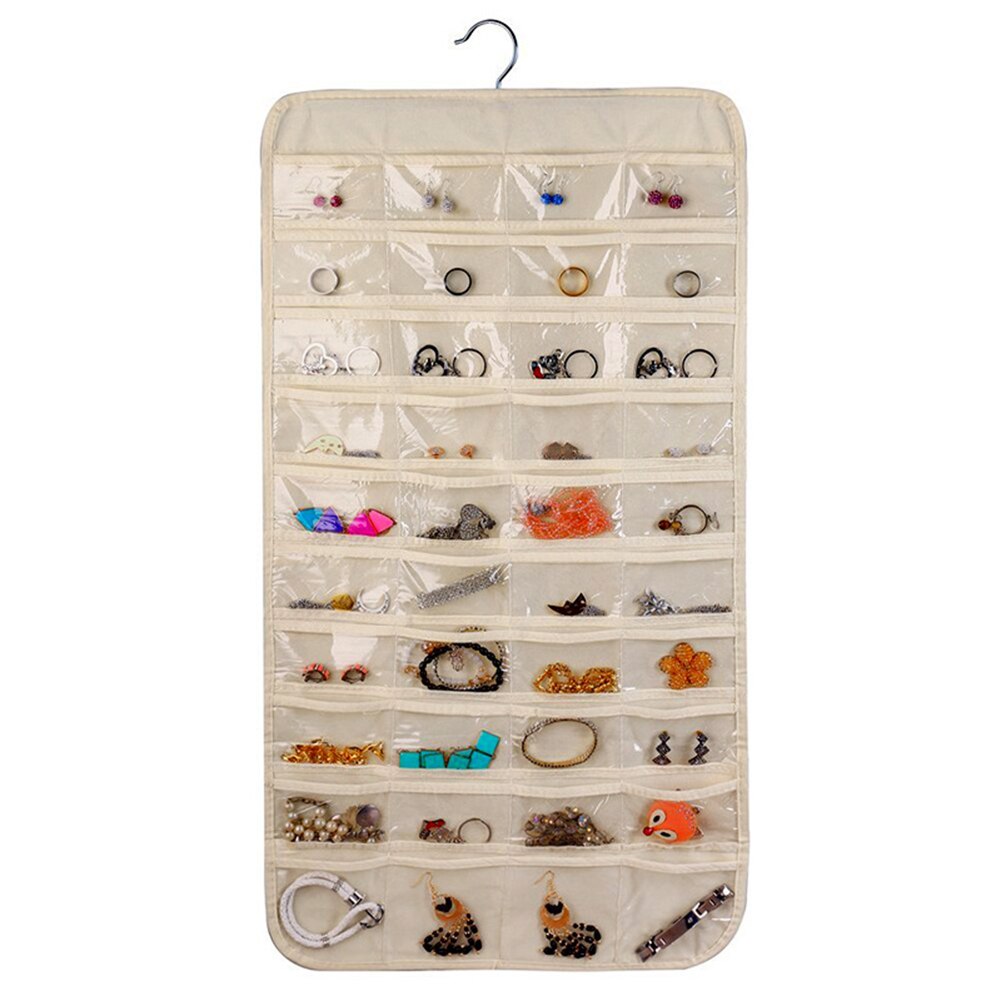 80 lommer dobbeltsidet holder i flere lag hængende smykker display øreringe halskæde display arrangør opbevaringspose: Beige