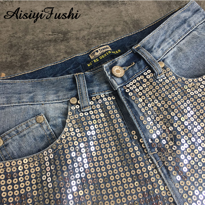 Sequin Ripped Jeans For Women Bottom Streetwear Hole Zipper Fringe Ripped Jeans Pants Women's Denim Trousers Loose Female