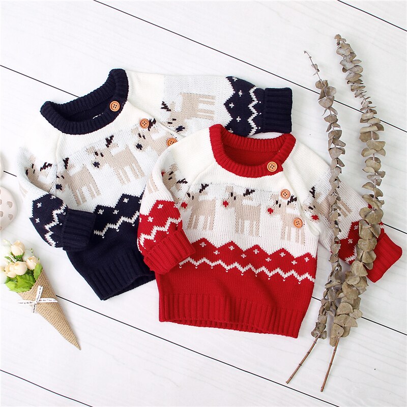 Baby Boys Girls Christmas Sweater Autumn Winter Clothes Pullover Knitted Tops Cartoon Printed Kids Sweaters Jumper