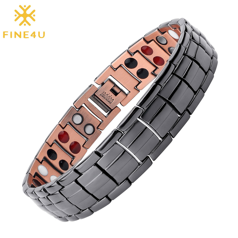 FINE4U B378 Mens Pure Copper Bracelet Double Row 4 Element Black Magnetic Health Bracelet Power Wristband