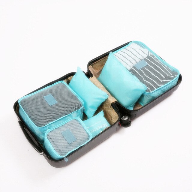 6Pcs/set Travel Luggage Storage Bags Suitcase Packing Set Portable Waterproof Clothes Baggage Cube Cases Organizer bag in bag: Sky blue