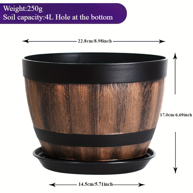 1 szt. Doniczka w kształcie beczki Whisky w stylu klasyczny, żywiczna doniczka ogrodowa z wzorem w paski, z otworem odpływowym i podstawką, na kwiaty, sukulenty