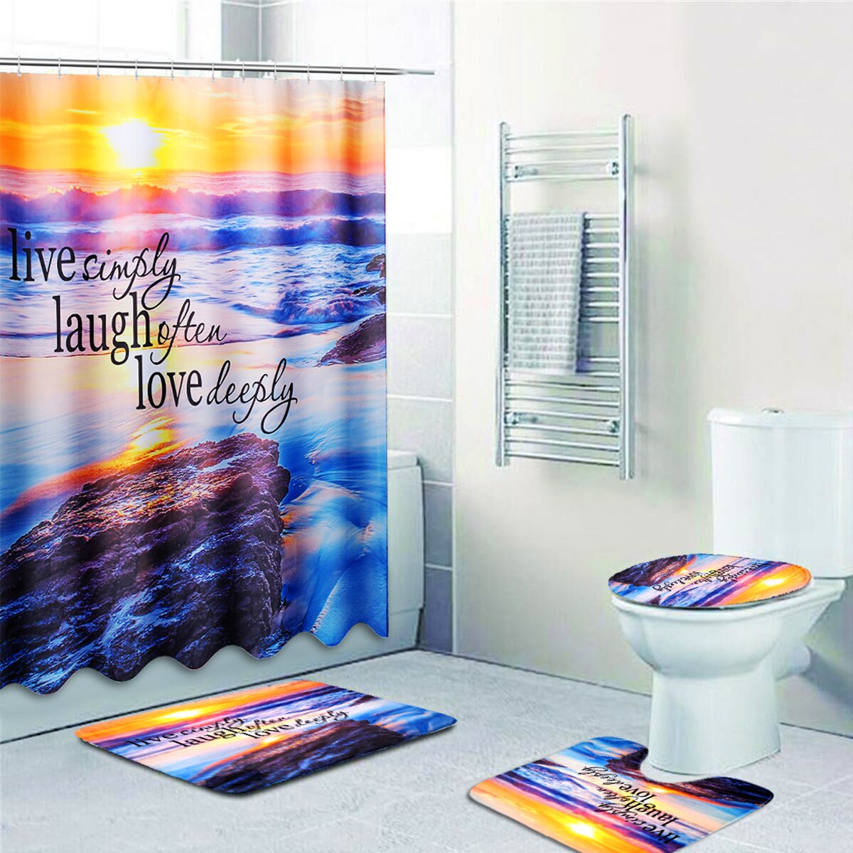 Coastal Strand Landschap Gedrukt Patroon Douchegordijn Voetstuk Tapijt Deksel Wc Cover Mat Badmat Set Badkamer Gordijnen Met Haken: K 4PCS