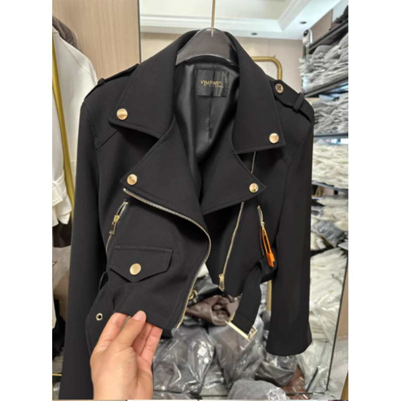 Frühling Und Herbst Neue Joker Anzug Weibliche Kurze Dünne Lange Hülse Motorrad Jacke Bequeme Und Elegante V-ausschnitt Geschmack Jacke: XXL / Schwarz