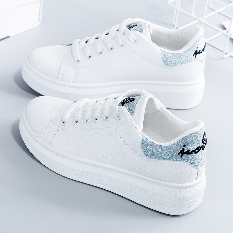 Modieuze witte schoenen dames leren veterschoenen dames witte flats casual schoenen vrouwelijke wandelsneakers: Blauw / 39