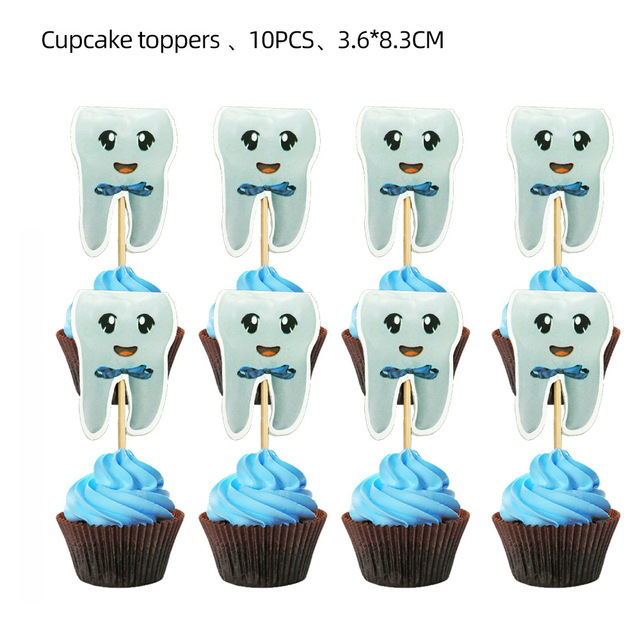 1set Boy/Girl My First Tooth Party Decor Supplies Disposable Tableware Paper Plates Cups DIY Baby Shower Birthday Tooth Balloon: cake topper10pcs