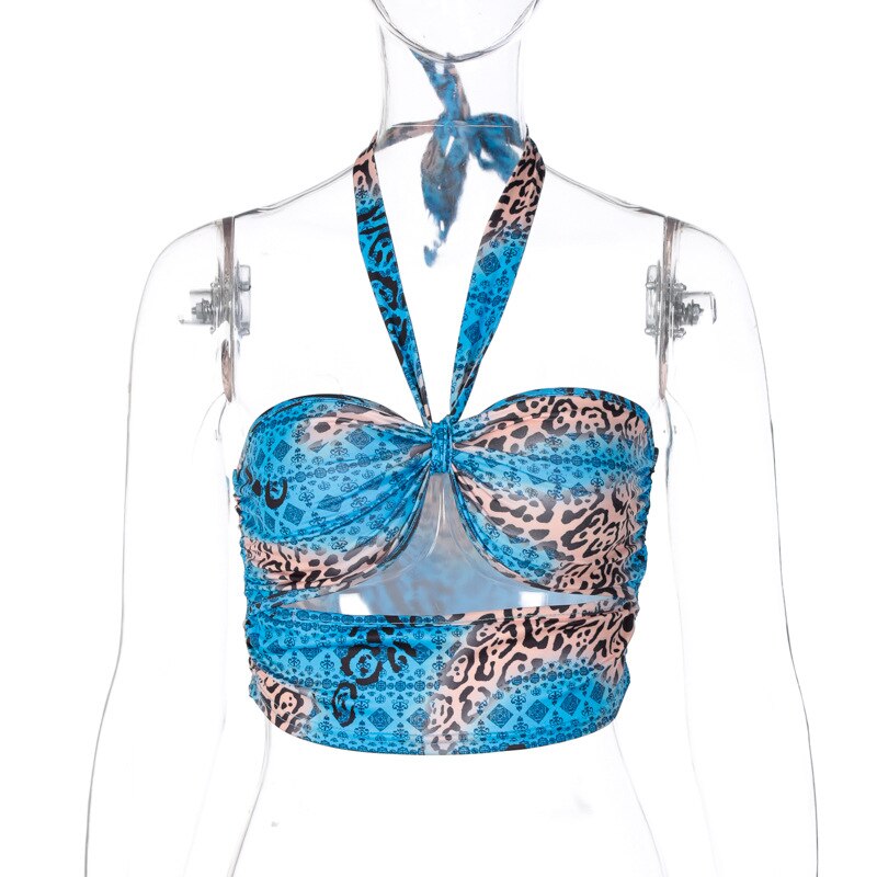 ArtSu cravate teinture imprimé léopard femmes haut court camis évider dos nu moulante sexy streetwear fête clubwear VE52263: L