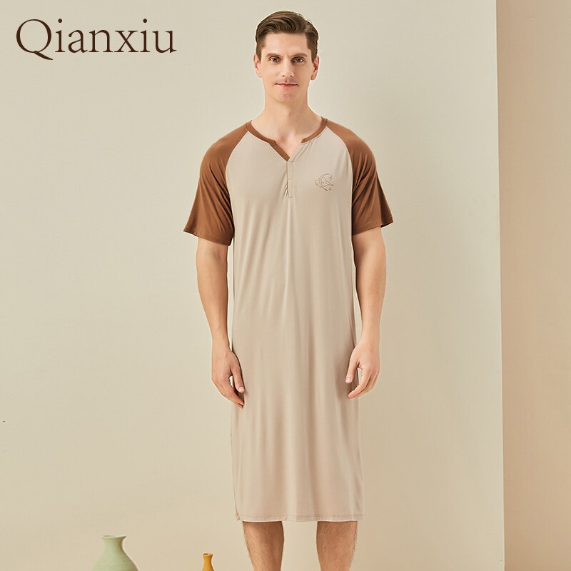 Summer Bamboo Fiber Home Sleepskirt Comfy Loose Men Sleepskirt 212121: oats / L