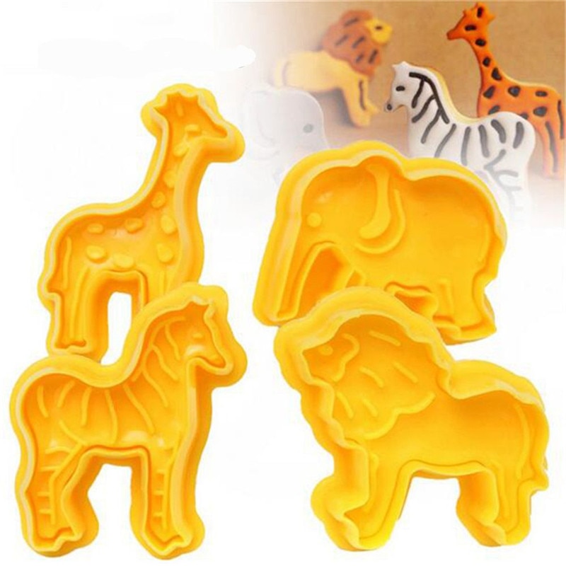 4Pcs Dierentuin Animal Vorm Leeuw Giraffe Zebra Olifant Cookie Biscuit Plunger Cutters Mold Cake Decorating Bakken Tools Sugarcraft