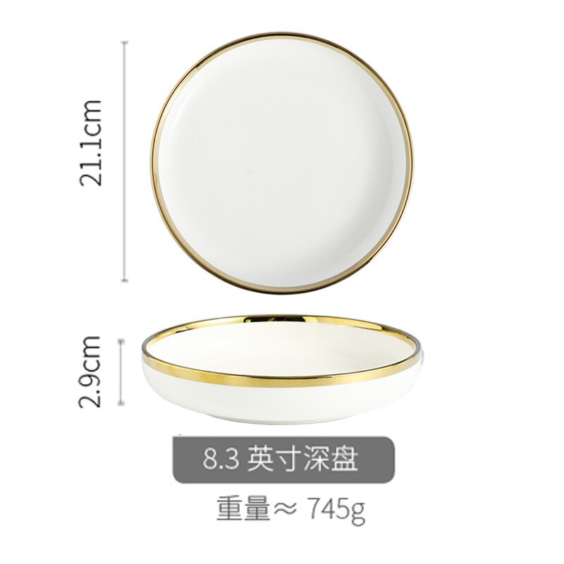 Ceramic Dinnerware Plate Bowl White Gold Stroke Ceramic Dinner Plate Steak Tableware Rice Soup Bowl Spoon Dish Home Decoration:  e