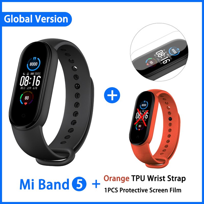 Xiaomi Mi Band 5 Smart Armband 4 Kleur Amoled Screen Miband 5 Smartband Fitness Traker Bluetooth Sport Waterdichte Slimme Band: GN add Orange film