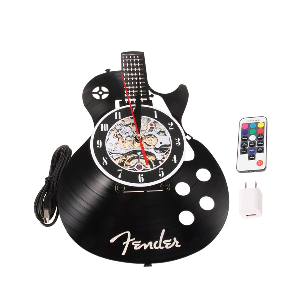 1pc Wall Clock Chic Decorative Wall Clock Vinyl Record Wall Clock Living Room Wall Hanging Clock Guitar Shape Wall Clock: Black 4