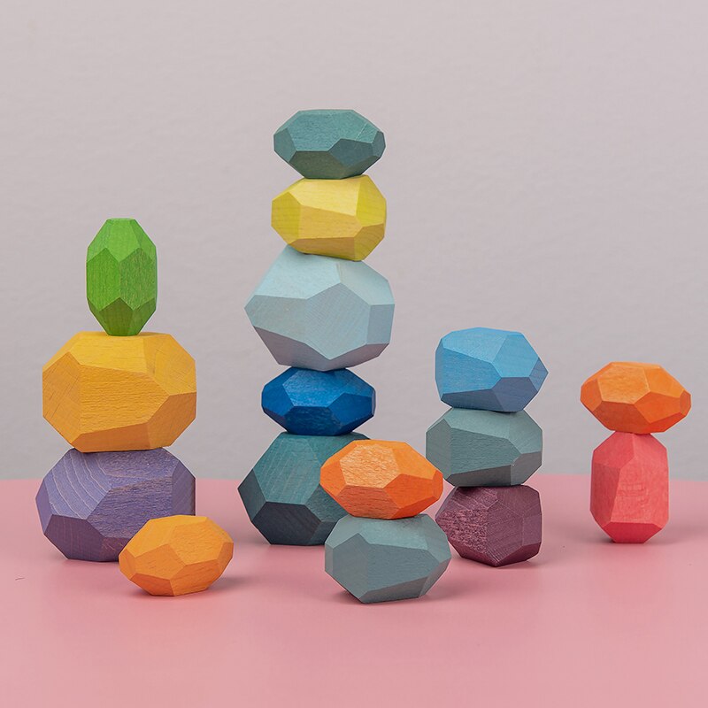 Children Colored Stone Jenga Stacking Blocks Educational Toy Nordic Style Rainbow Stone Wood Blocks Baby Wooden Toys