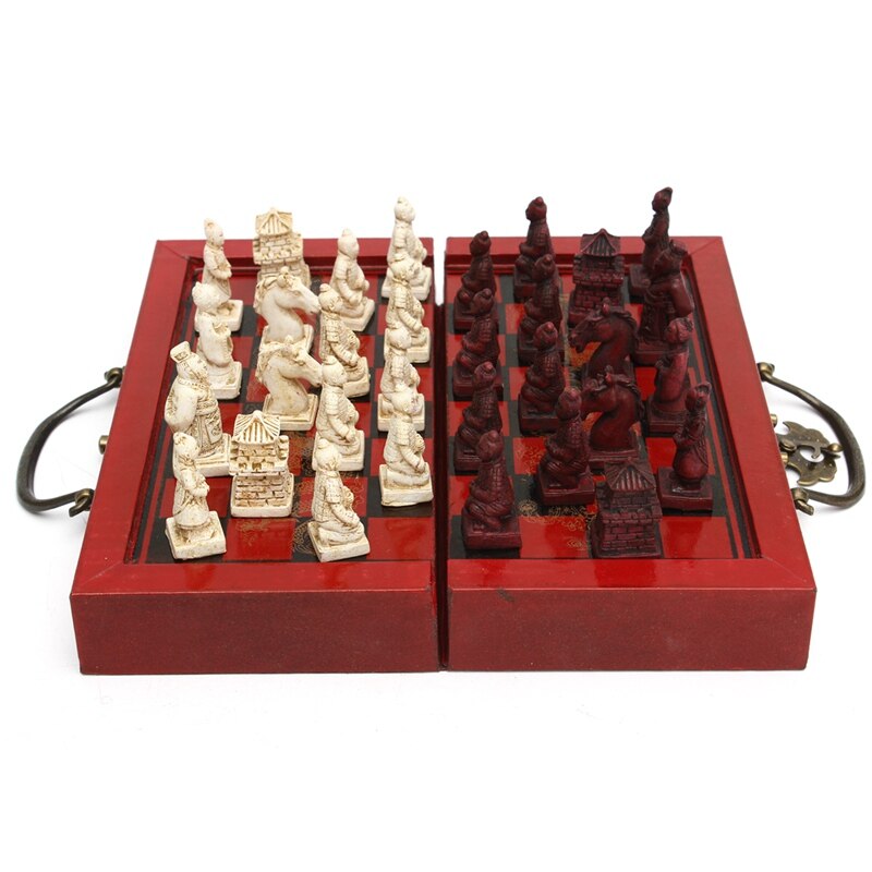 Caja de cuero de madera china con 32 piezas de figuras de terracota, juego de ajedrez, entretenimiento, Damas, juegos tradicionales