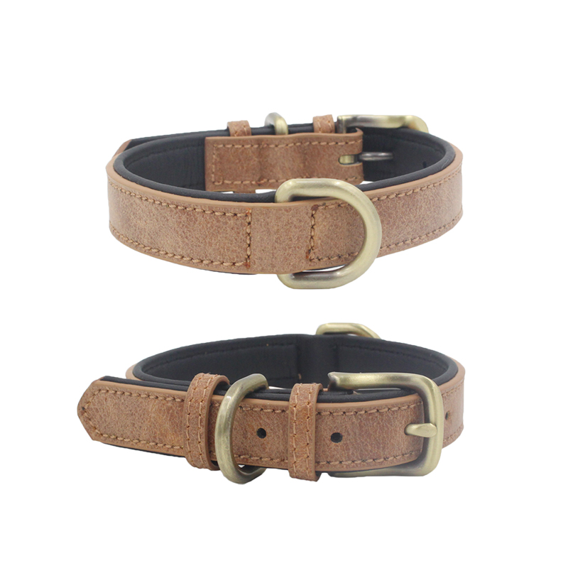 Cuero de PU cuello de perro cuello duradero para perros pequeños/medianos Bulldog cachorro de perro suministros productos accesorios de mascotas collar perro: Brown / XL NECK 46-56CM