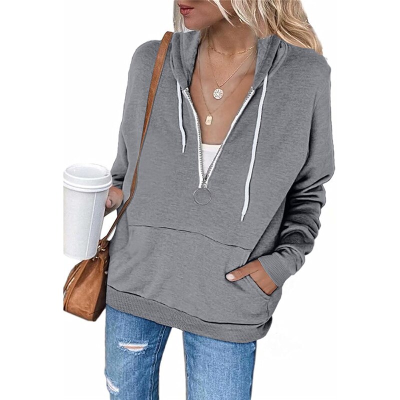Damska pół bluza z kapturem na zamek sweter na co dzień z długim rękawem bluza moda wygodne odzież wierzchnia na jesień zima HB88: XXXL / GRAY
