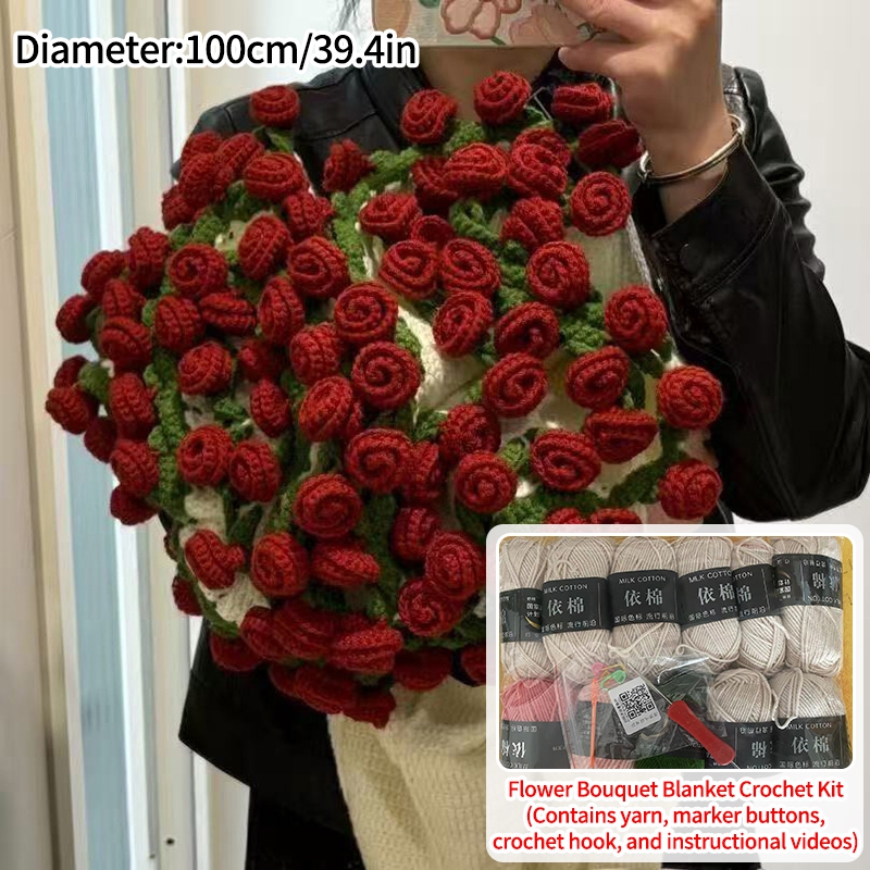 Rosebukett-teppe diy-materialepakke håndlaget blomsterbukett bursdag sammenleggbare kastetepper: Blå