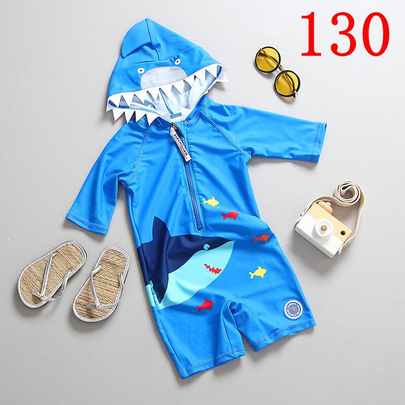 Children's Swimwear Hooded One Piece Toddler Baby Swimsuit 3/4 Sleeve Shark Blue Kids Bathing Suit Beachwear Indoor Swim Clothes: SIZE 130