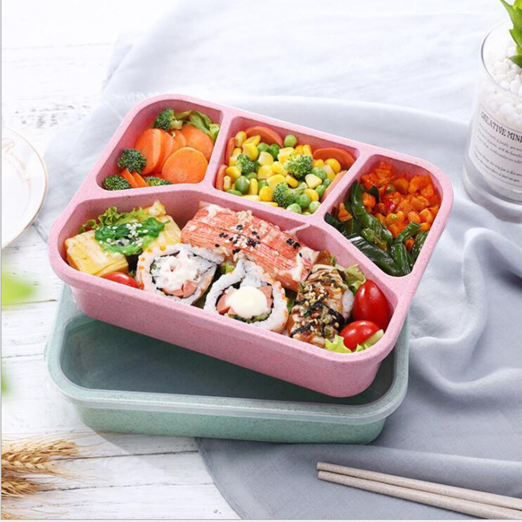 Fiambrera con 4 compartimentos de plástico, contenedor de almacenamiento de alimentos dividido, portátil, microondas, Picnic, Camping, rectangular, al aire libre