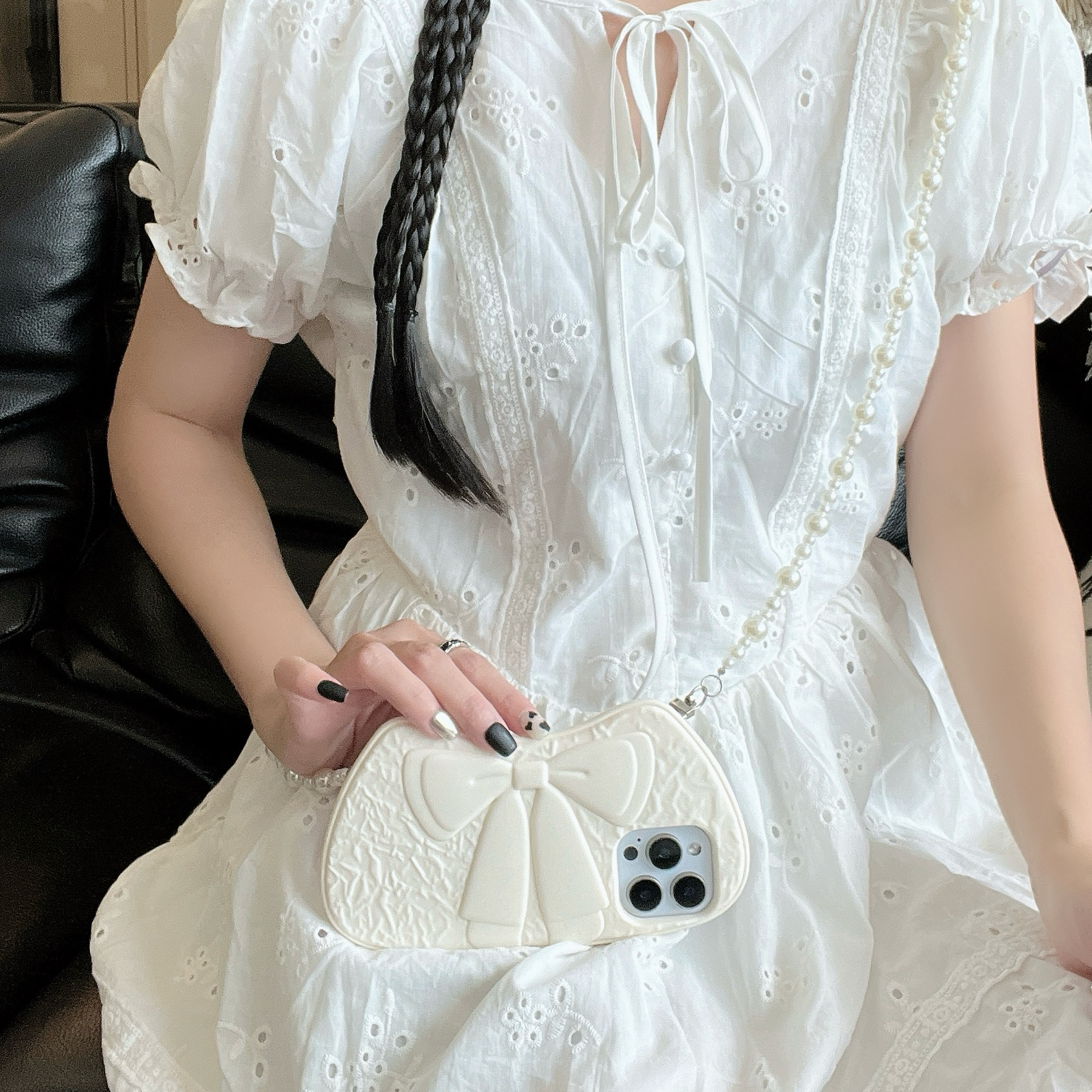 3D White Big Bowknot Soft Silicone Phone Case for iPhone 12/13/14/15/16 pro Max Protect Back Cover, Long Crossbody Pearl Lanyard