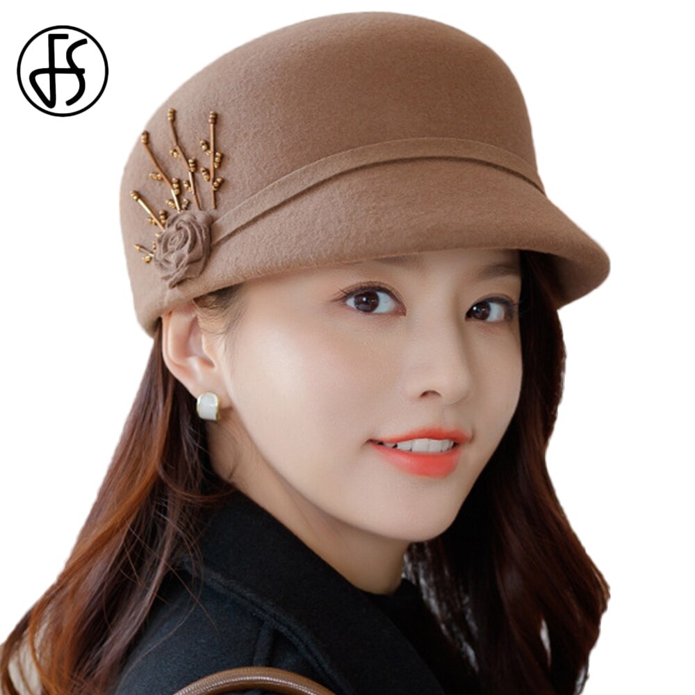 FS 2021 inverno caldo feltro di lana da donna cappellino da strillone cappelli berretto da donna coreano cappello a visiera pittore cappellini con accessori di fiori di lana