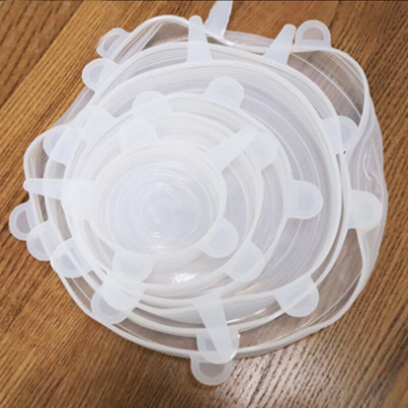 Tapas elásticas de silicona reutilizables, tapa universal de silicona para envolver alimentos, tapa para cuenco, tapa para olla, tapa de sellado, sartén, tapones de cocina, 6 uds.: white