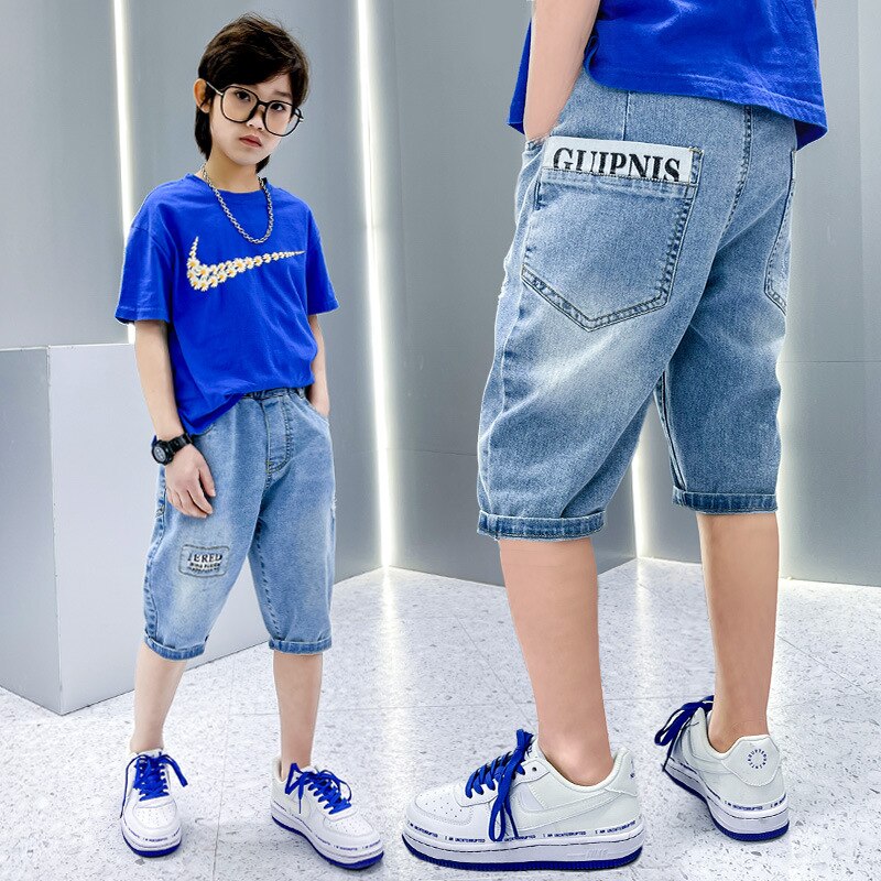 Summer Kids Jeans Teen Boys Clothes Children Denim Short Pants Elastic Waist Thin Shorts Children Letter Print Casual Pants