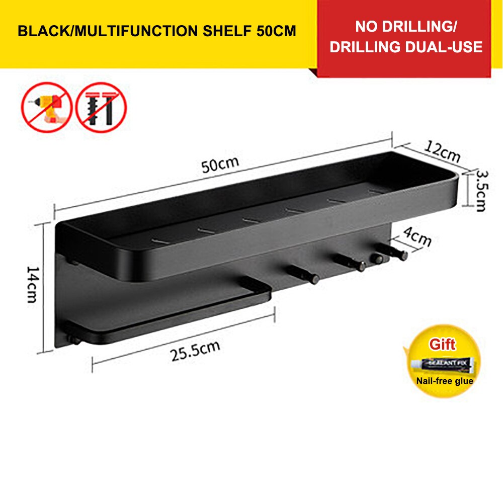 Wall Mount Shower Caddy Holder Bathroom Rack Towel Rail Self Adhesive Bathroom Storage Shelf Kitchen Organizer Rack Wall Shelf: 50cm Black