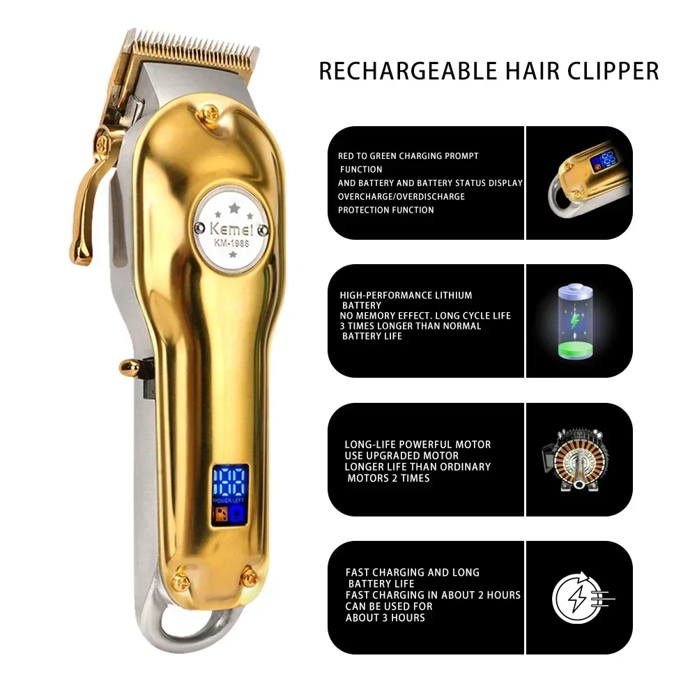 Kemei Hair Clipper KM-1986 Trimmer 9000 RPM Barber Hair Cutting Machine Digital Display Haircut Clipper for Men