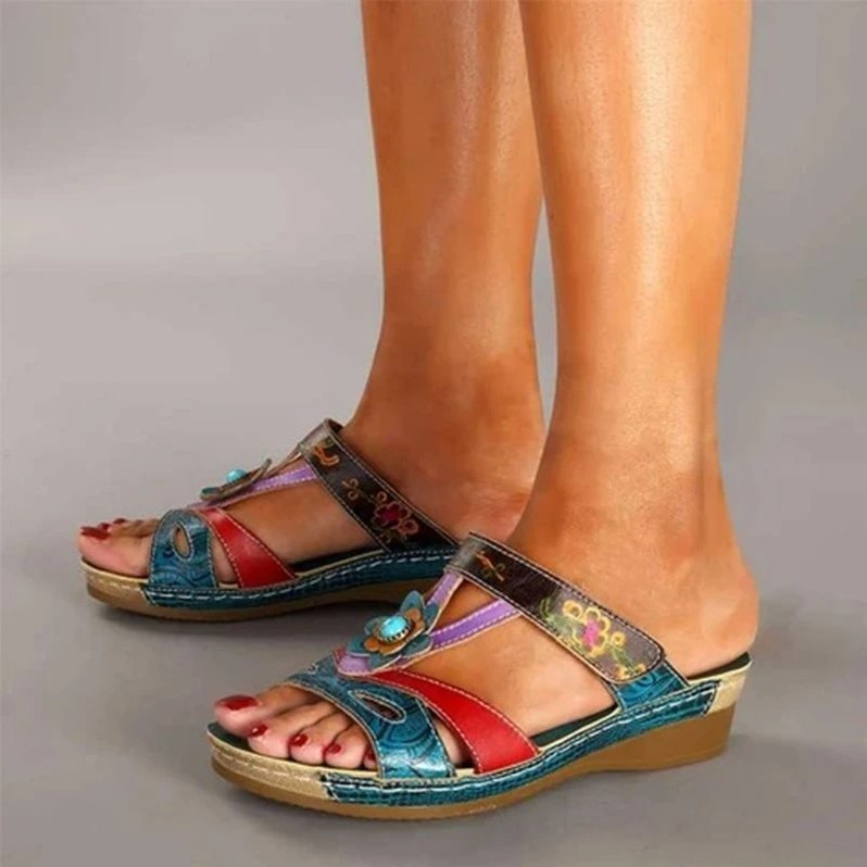 Sandales à talons pour femmes, pantoufles ethniques à fleurs, chaussures d'été décontractées, chaussures de plage, tongs, chaussures femme à plateforme
