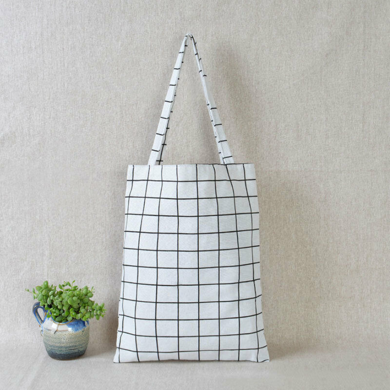 Women Casual Plaid Linen Cotton Canvas Shopping Shoulder Bags Tote Bags Tote: White