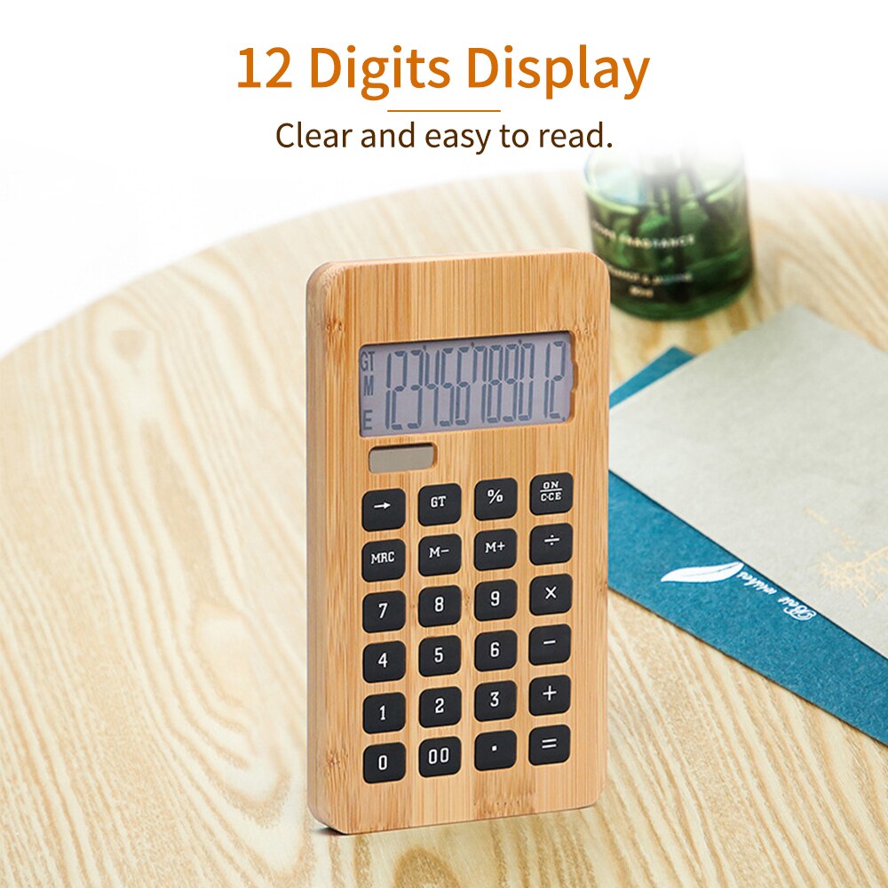 Desktop Bamboo Calculator Counter 12 Digits Display Solar Energy & Button Battery Dual Powered Eco-friendly Calculating Tool