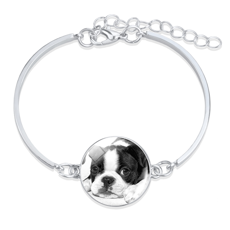 1pc Bulldog de Metal de Color plata Pulsera Retro Animal perro Cabochon de vidrio de bisutería con de barras brazalete de las mujeres accesorios: 1