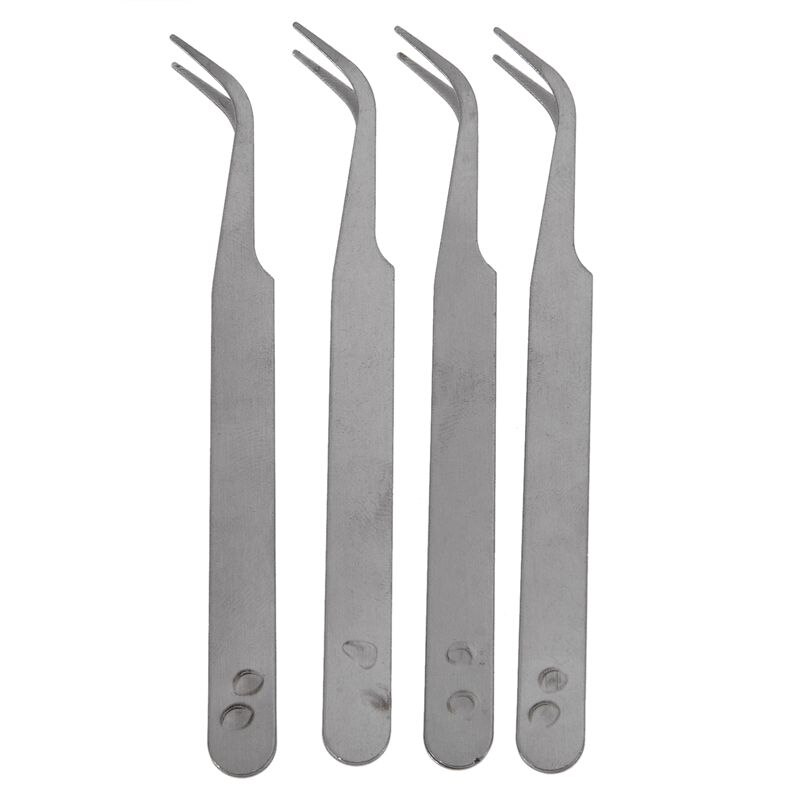 Silver Tone 5 Inch Length Metal Bent Tip Tweezers 4 Pcs: Default Title