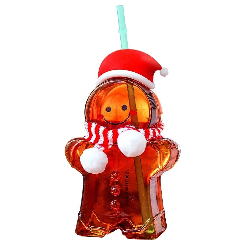 Ins Cute Featured Animal Glass Bear Cup Gingerbread Man With Straw Large Capacity Lead-Free Non-Toxic: A