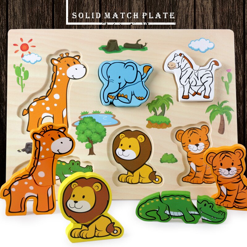 Wooden Puzzles Hand Grab Boards Toys Montessori Tangram Jigsaw Baby Educational Toys Cartoon Vehicle Animals Fruits 3D Puzzles