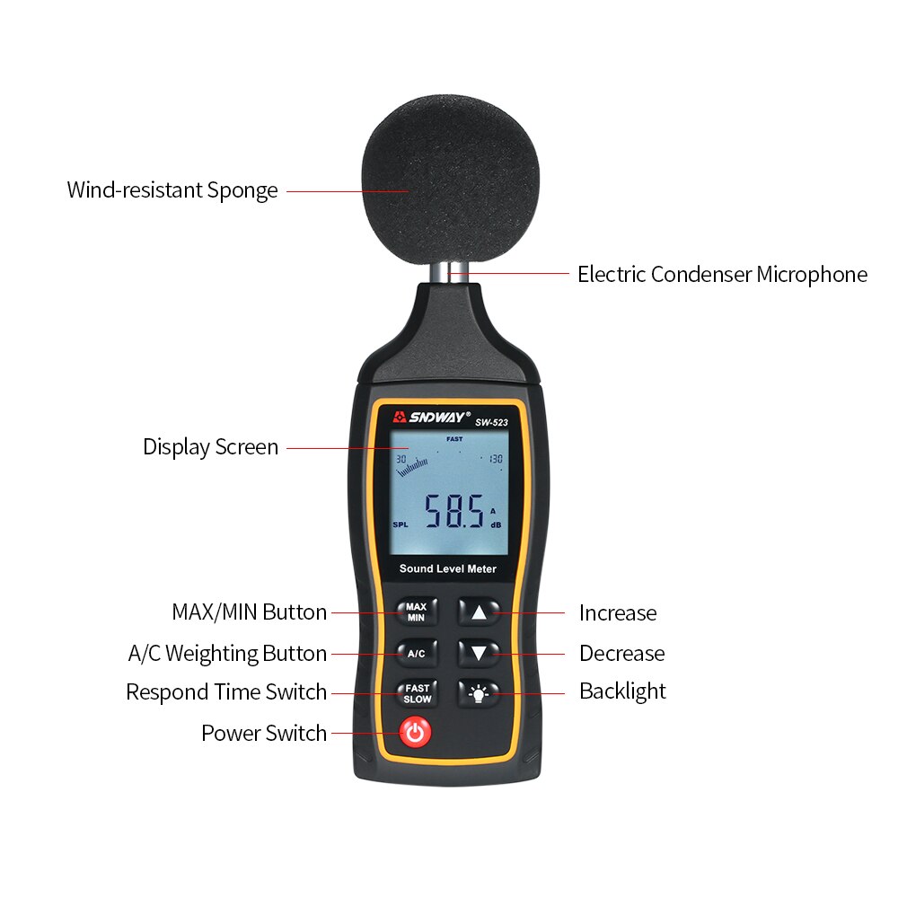SNDWAY High Accuracy LCD Digital Noisemeter Sound Level Meter 30-130dB Decibel Monitoring Tester with A and C Frequency