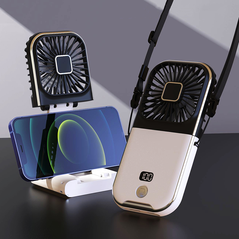 Mini ventilador de mano portátil para exteriores, ventilador de cuello colgante, carga USB, 3000mAh, alimentado por batería 180 ° Ventilador de refrigeración de aire de mesa inalámbrico plegable