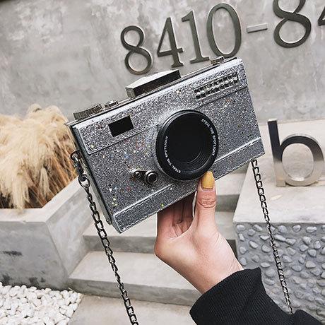 Persoonlijkheid tas dames messenger bags pailletten camera casual pu leren clutch ketting handtas crossbody schoudertassen bolsas: Zilver