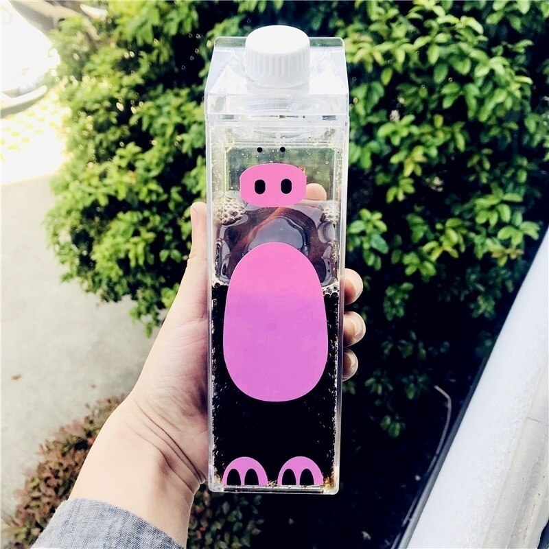 Cute Cartoon Outdoor Camping Plastic Bottle Animal Cow Cat Water Drinking Bottles Home Kids Breakfast Milk Kettle: Pink