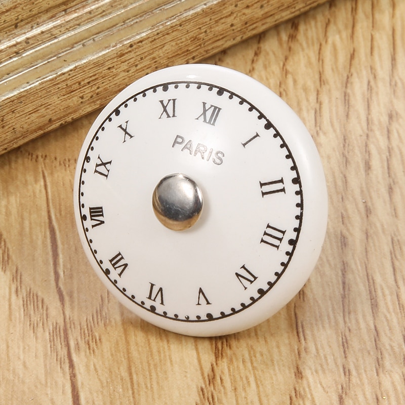 1PC White Print Ceramic Handles Drawer Knobs Cupboard Door Handles Single Hole Cabinet Handles With Screws Furniture Handle: Clocks