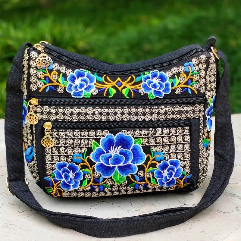 Sac de Style ethnique du Yunnan, sac à bandoulière brodé pour femmes, sacs à bandoulière entièrement brodés pour dames: Marron