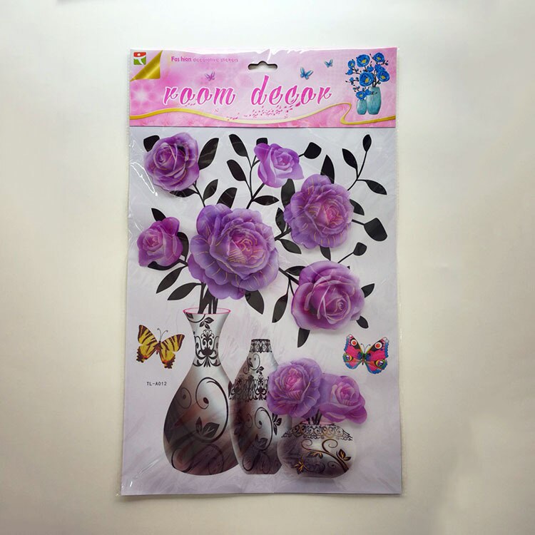 Beautiful Floral Wall Sticker Waterproof PVC Blossom Wall Decals Wall Rose Vase Sticker Flowers Background Bedroom Wall Decor: 08