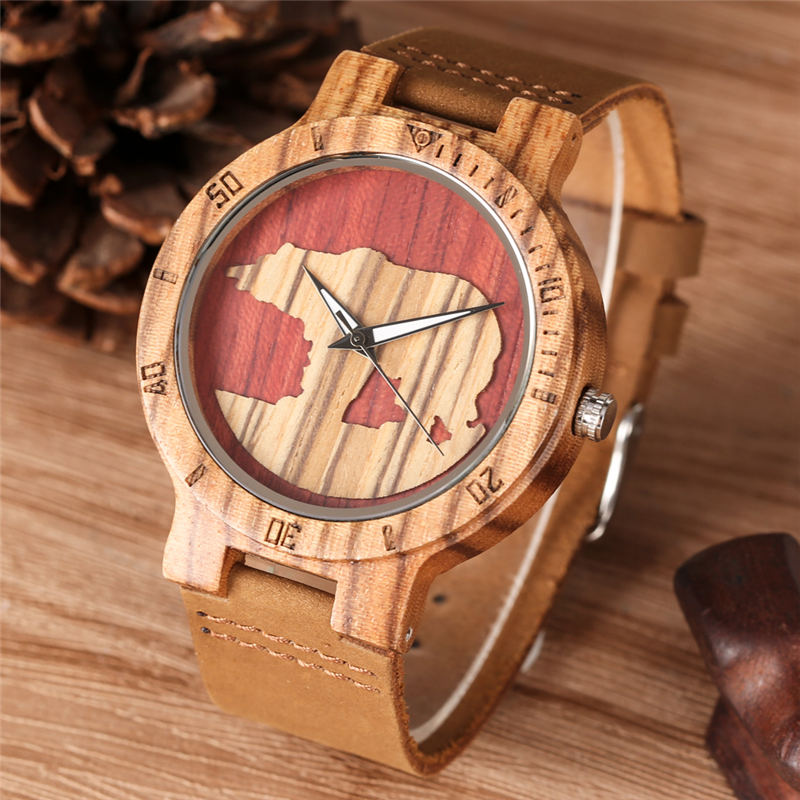 Houten horloge kwarts lichtgevende wijzers ijsbeer driedimensionale wijzerplaat natuurlijke houten horloges bamboe ebbenhouten klok herenhorloges