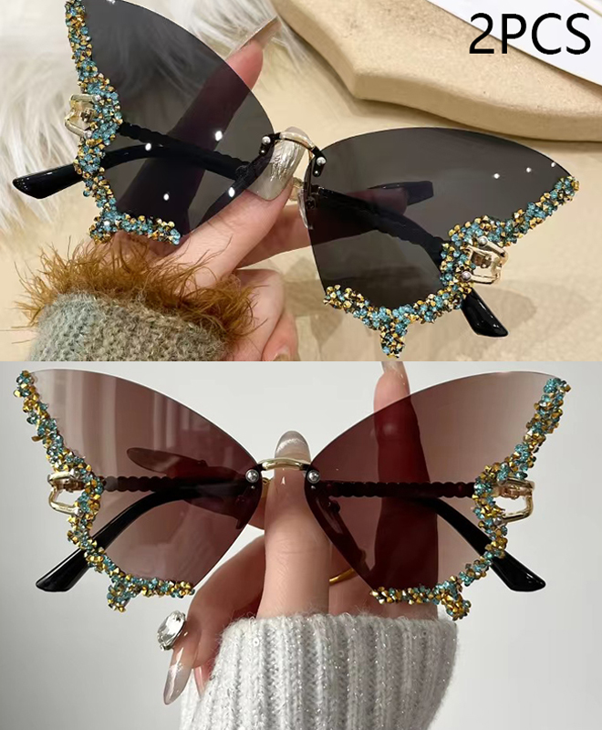 Luxus Diamant Schmetterling Sonnenbrille Frauen Y2K Jahrgang Randlose Übergroße Sonnenbrille Damen Brillen: Eis Blau